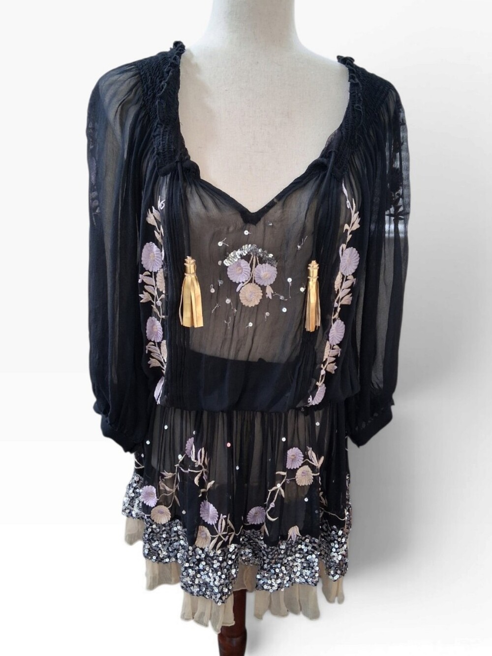 Diamond For Eden Black Floral Embroidered Sequin Sheer Mini Dress / Tunic